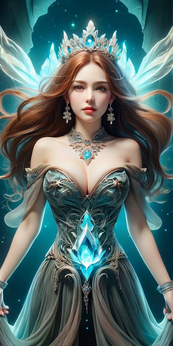 ((medium shot)), (absurdres, highres, ultra detailed), 1woman, mature female, aged up, wavy long hair, auburn hair, coral eyes, bangs, long sleeves, finely detailed eyes and detailed face, extremely detailed CG unity 8k wallpaper, intricate details, (style-swirlmagic:1.0), looking at viewer, solo, upper body, detailed background, close up, detailed face, (gothic dark ages theme:1.1), crystal sorcerer, dynamic pose, earth themed clothes, crystal crown, floating in the air, glowing magical shards, surrounded by blue magical crystals, rock formations, stalactites, magical floating particles, crystal glass, crystal sphere, crystal canyon background, (shallow water:0.7), epic ethereal atmosphere, updraft,, portrait,bg_imgs,smile, (oil shiny skin:1.0), (big_boobs:2.6), willowy, chiseled, (hunky:2.4),(( body rotation 35 degree)), (upper body:0.8),(perfect anatomy, prefecthand, dress, long fingers, 4 fingers, 1 thumb), 9 head body lenth, dynamic sexy pose, breast apart, (artistic pose of awoman),neotech,abyssaltech ,DonM3lv3sXL,NYFlowerGirl,dissolving,abyss,ral-3dwvz