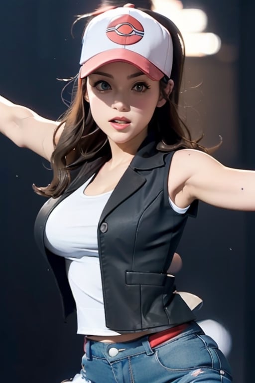 masterpiece, best quality, , hilda \(pokemon\), denim shorts, sleeveless shirt, white shirt, black vest, serious, baseball cap, white headwear,Hilda (pokemon), n:1.45), cowboy shot, curved body, dynamic sexy pose, sexy body, (big breast:1.0), 9 head length body, looking at viewer, (dynamic pose:1.5)