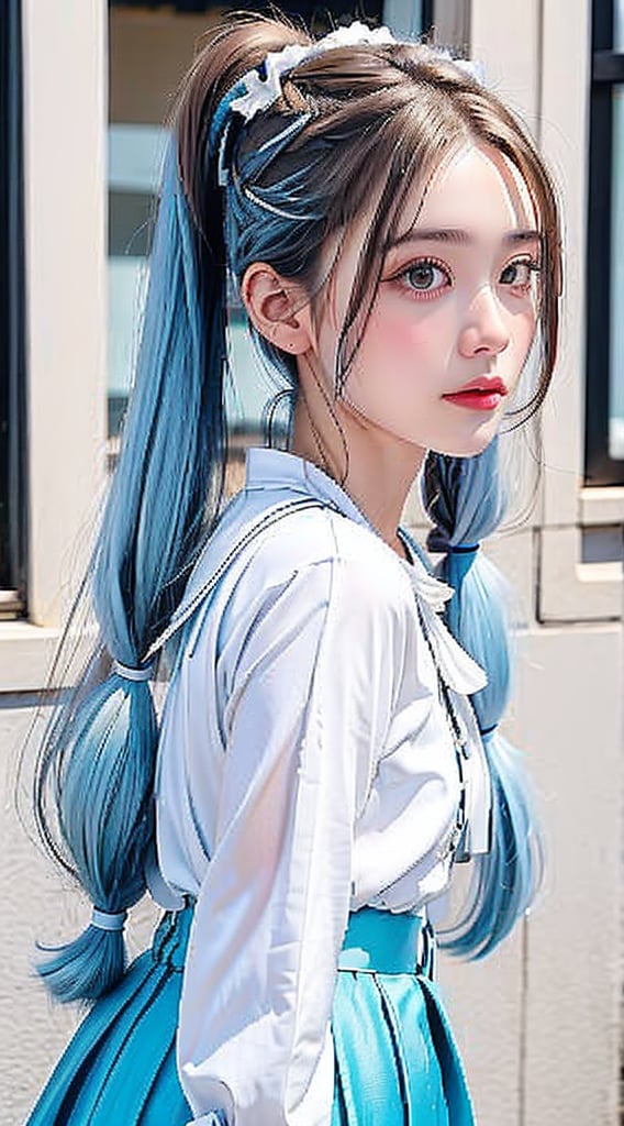 A 20-year-old young woman with long hair,  pigtails,  and silver hairpins I'm looking up at the sky in front of the Chanel...