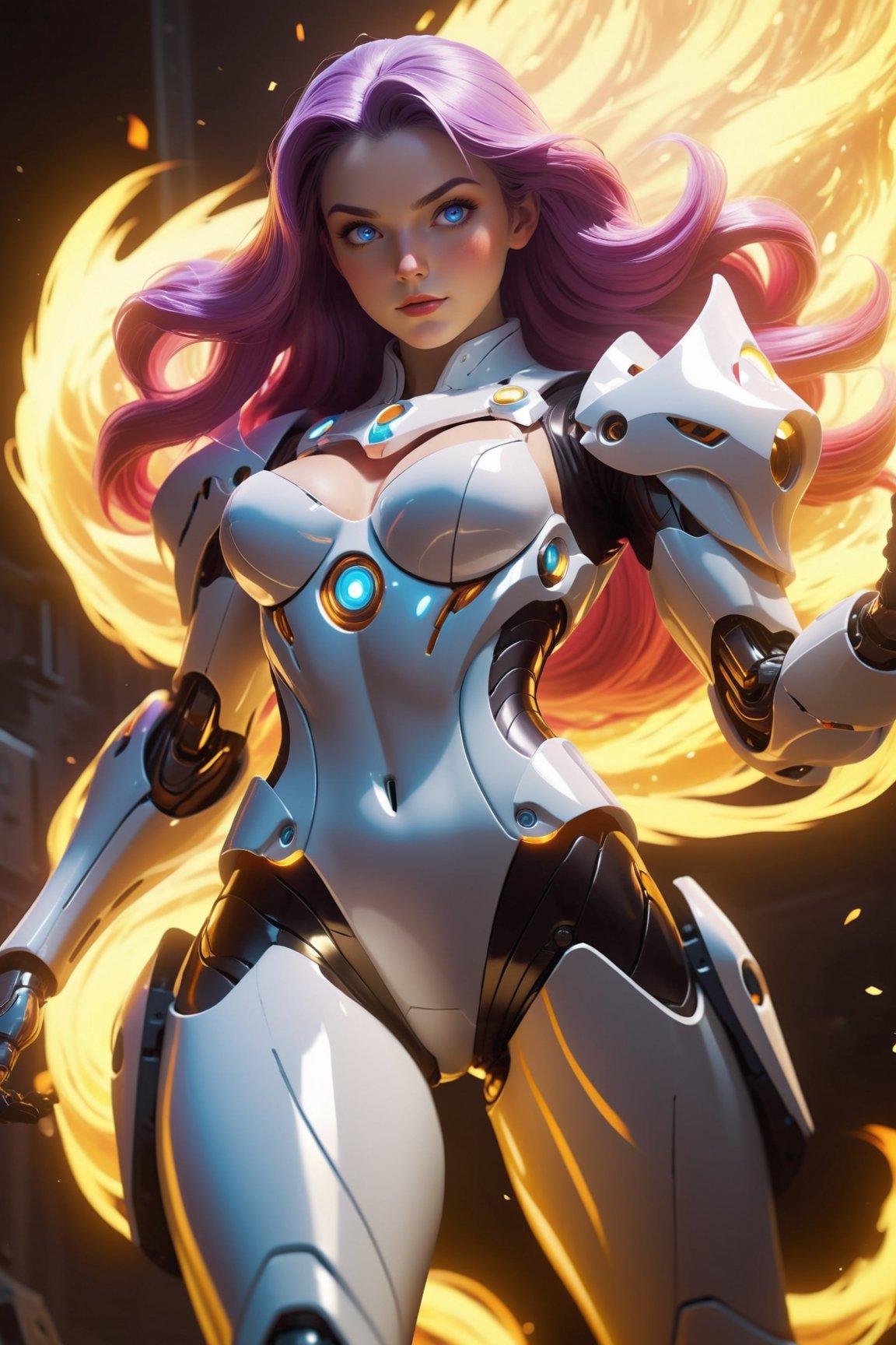 a close up of a girl with a fire on his face, fierce beauty ((full body)),straight hair, her pure purple long hair with on her bangs cascading down the side of her face and shoulders, standing inside of a MECH suit, gold chorme mech suit,(masterpiece, top quality, best quality, official art, beautiful and aesthetic:1.2), (1girl), extreme detailed, (fractal art:1.3), colorful, highest detailed, zoomout, (gigantic breast:1.2),perfecteyes, floating hairstyle , alluring_lolita_girl, RedHoodWaifu, beautymix, futurecamisole, mecha, xxmix_girl, Movie Still, Film Still, Wearing edgTemptation, Cinematic, p3rfect gigantic  boobs, skirtlift, cleavage, Cinematic Shot, Cinematic Lighting, photo r3al, fire elemental, furious god zeus, hair made of fire, fire demon, human chimera, fire giant, body made of fire,full_body,from above,shiny skin,