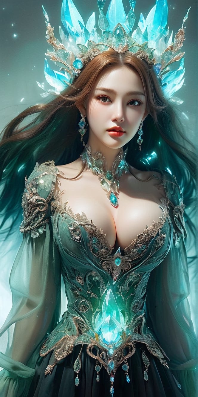 ((medium shot)), (absurdres, highres, ultra detailed), 1woman, mature female, aged up, wavy long hair, auburn hair, coral eyes, bangs, long sleeves, finely detailed eyes and detailed face, extremely detailed CG unity 8k wallpaper, intricate details, (style-swirlmagic:1.0), looking at viewer, solo, upper body, detailed background, close up, detailed face, (gothic dark ages theme:1.1), crystal sorcerer, dynamic pose, earth themed clothes, crystal crown, floating in the air, glowing magical shards, surrounded by blue magical crystals, rock formations, stalactites, magical floating particles, crystal glass, crystal sphere, crystal canyon background, (shallow water:0.7), epic ethereal atmosphere, updraft,, portrait,bg_imgs,smile, (oil shiny skin:1.0), (big_boobs:2.6), willowy, chiseled, (hunky:2.4),(( body rotation 35 degree)), (upper body:0.8),(perfect anatomy, prefecthand, dress, long fingers, 4 fingers, 1 thumb), 9 head body lenth, dynamic sexy pose, breast apart, (artistic pose of awoman),neotech,abyssaltech ,DonM3lv3sXL,NYFlowerGirl,dissolving,abyss