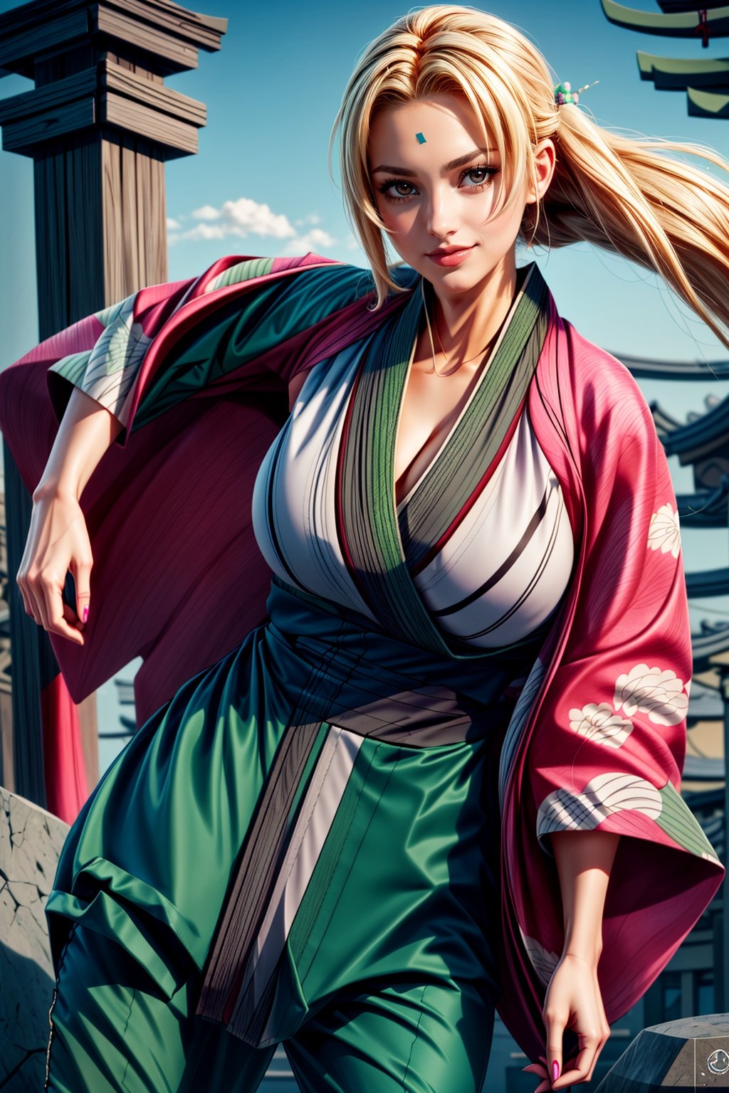 (masterpiece,  best quality),  ultra detailed,  1girl,  TsunadeNDV,  big breasts,  long hair,  blonde hair,  looking at viewer, TsunadeNDV,  japanese clothes,  kimono,  dark green pant,  (kimono over pant:2.0),  standing,  outdoor,  (forehead stone:1.3),  smile, looking at viewer,, from eye level, slim body ,sexy body, TsunadeNDV,niji style,song-hyegyo-xl,Sabai,Neon Light,blond hair, dynamic poses, (cleavage breast:1.2), (highly saturated lipstick), (pink lips), (luscious thick lips) (looking upward:0.5), (long shot:0.9), (from below:0.7),r1ge,3d cartoon,TsunadeNDV