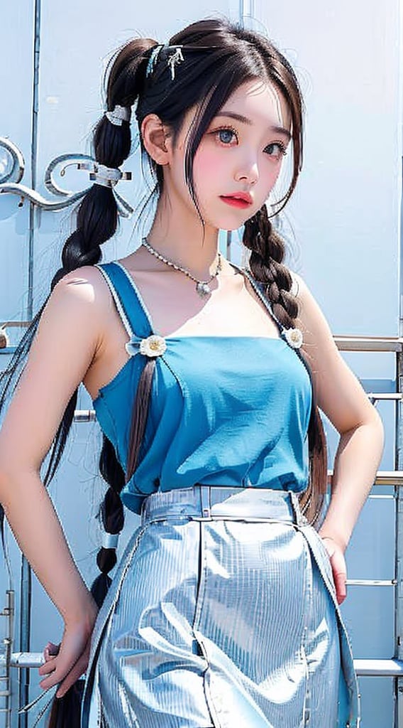 A 20-year-old young woman with long hair,  pigtails,  and silver hairpins I'm looking up at the sky in front of the Chanel...