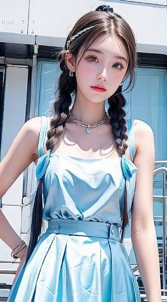 A 20-year-old young woman with long hair,  pigtails,  and silver hairpins I'm looking up at the sky in front of the Chanel...