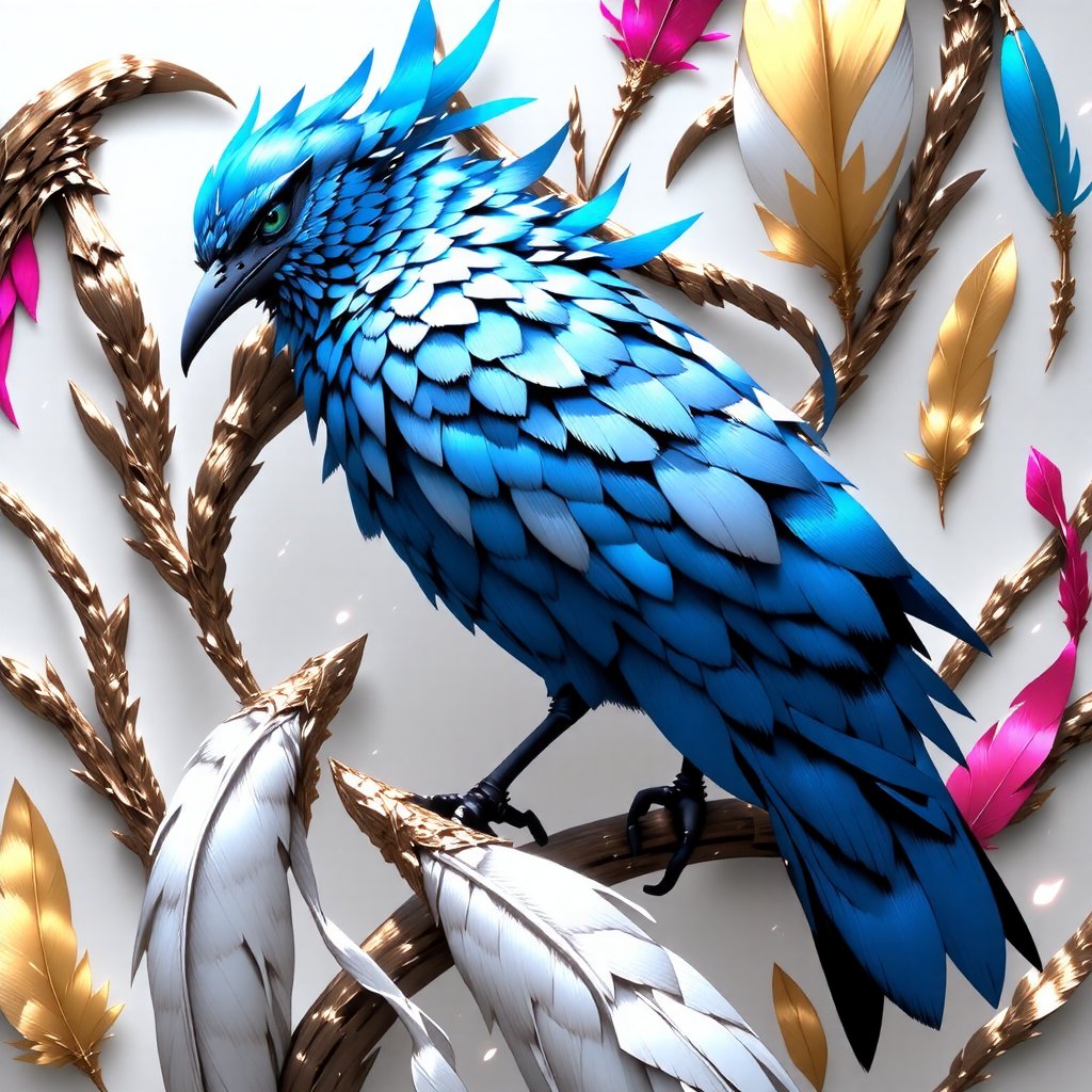 Intrimcated Beautiful 2D blue Bird among feathers,  on a flat white background. Refined,  hd quality by user_6526650215743...