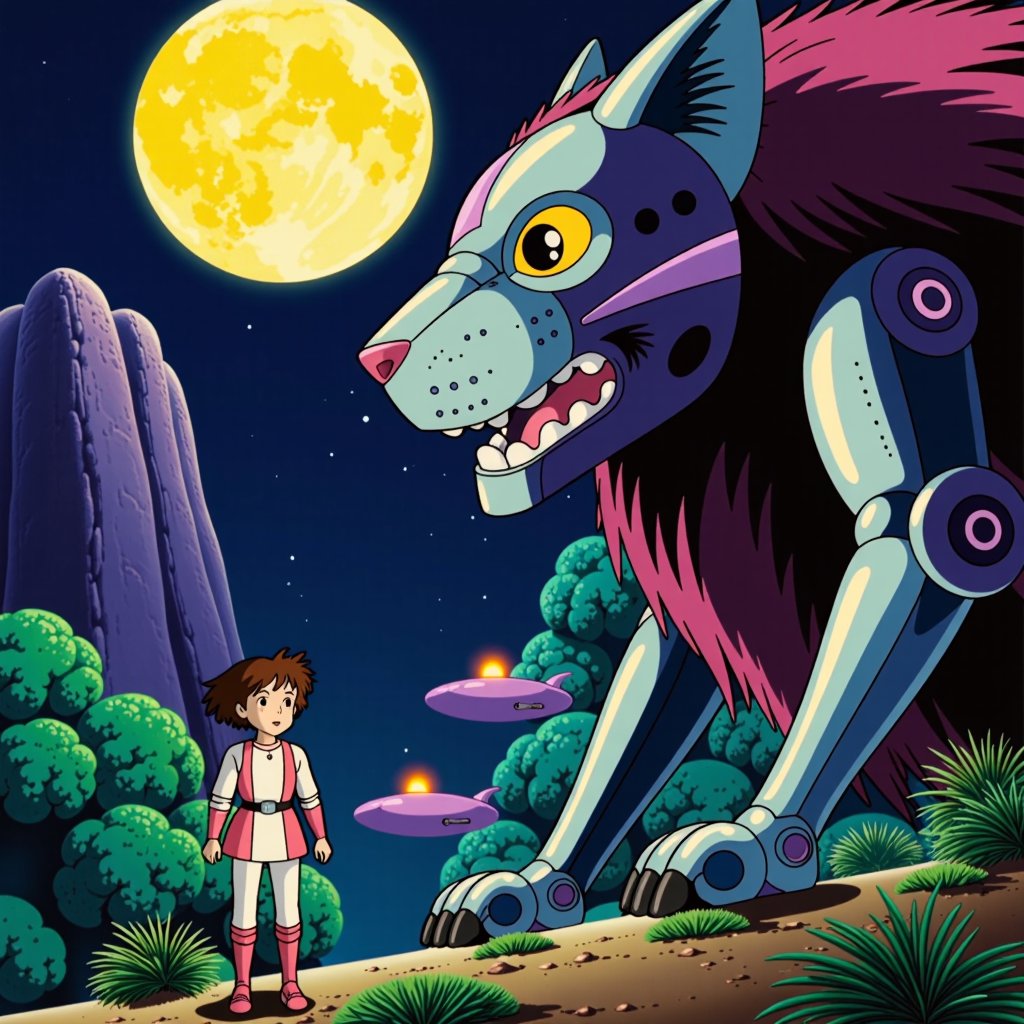 Create an illustration of a little Bengali girl with big eyes and curly hair, dressed in futuristic armor, standing beside a large robot lion with glowing eyes. The scene is set in a vibrant alien world with futuristic structures and lush plants. The art style should reflect Japanese retro anime, with bold lines, vibrant colors, and a nostalgic feel, capturing the sense of adventure under a glowing moon.