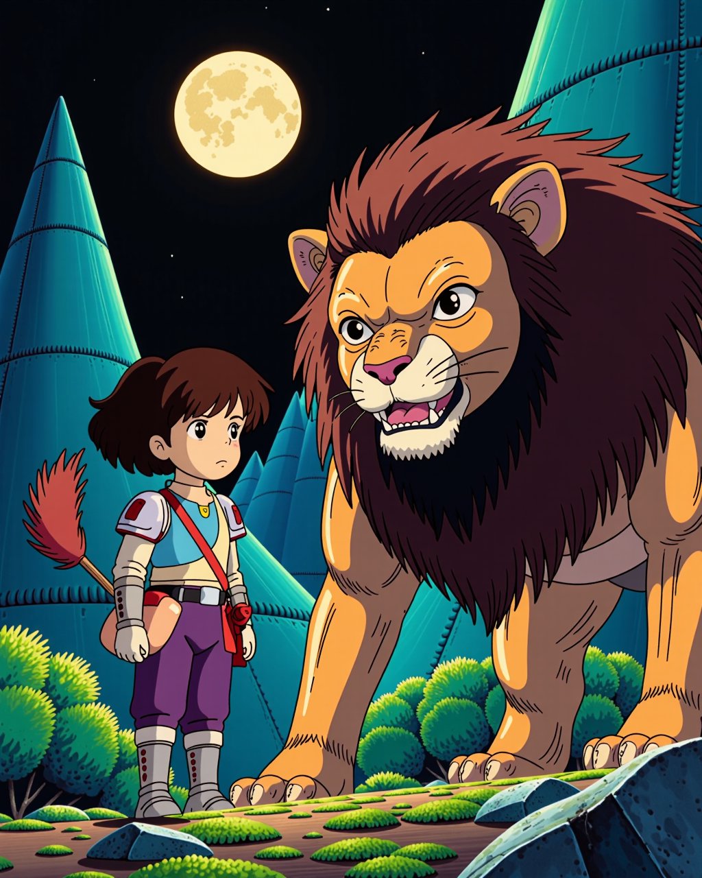 Create an illustration of a little Bengali girl with big eyes and curly hair, dressed in futuristic armor, standing beside a large robot lion with glowing eyes. The scene is set in a vibrant alien world with futuristic structures and lush plants. The art style should reflect Japanese retro anime, with bold lines, vibrant colors, and a nostalgic feel, capturing the sense of adventure under a glowing moon.