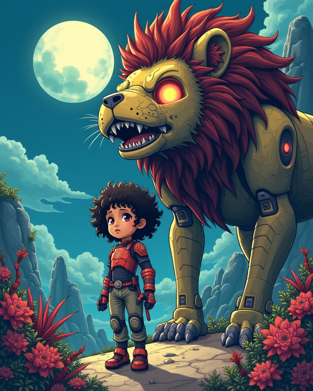 Create a Japanese anime of a little Bengali girl with big eyes and curly hair, dressed in futuristic armor, standing beside a large robot lion with glowing eyes. The scene is set in a vibrant alien world with futuristic structures and lush plants. The art style should reflect Japanese retro anime, with bold lines, vibrant colors, and a nostalgic feel, capturing the sense of adventure under a glowing moon.