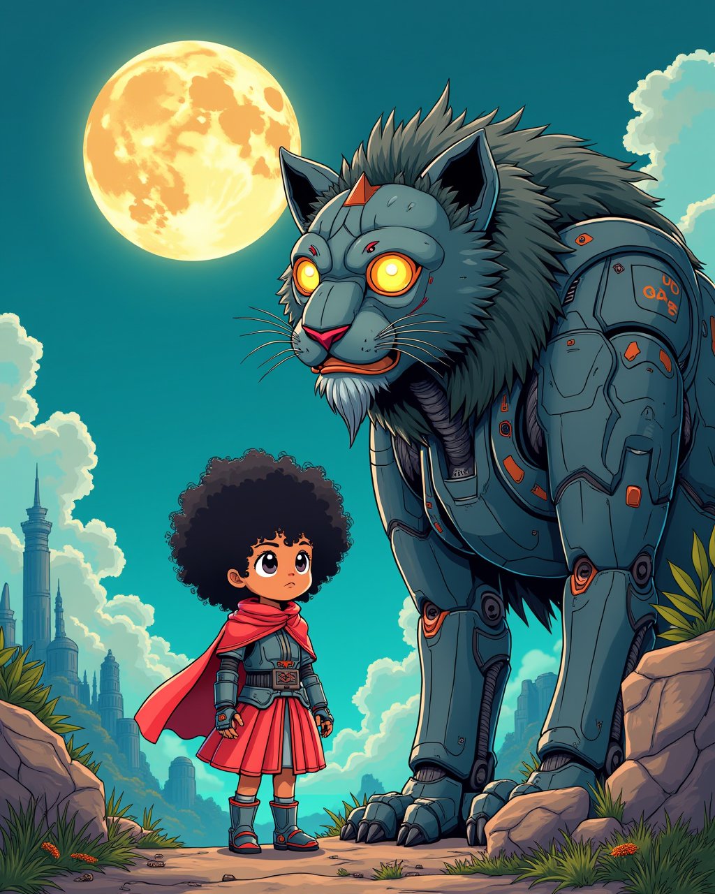 Create a Japanese anime of a little Bengali girl with big eyes and curly hair, dressed in futuristic armor, standing beside a large robot lion with glowing eyes. The scene is set in a vibrant alien world with futuristic structures and lush plants. The art style should reflect Japanese retro anime, with bold lines, vibrant colors, and a nostalgic feel, capturing the sense of adventure under a glowing moon.