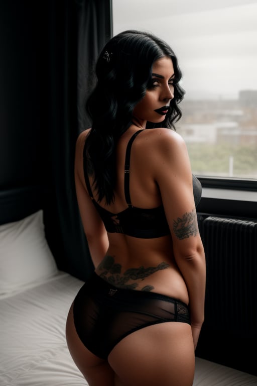 A goth-inspired beauty stands at the edge of a black bed, surrounded by closed curtains that cast deep shadows on her porcelain skin. Raven-black hair cascades down her back as she leans against the frame, one hand tangled in its locks. A crop top and high-waisted black panties create a striking visual contrast against the dark bedding. Her navel is pierced, and medium- sized breasts are visible above the shirt's low cut. Bare feet and a tattooed leg add to the edgy vibe. Black eyes and lips provide a dramatic finish as she gazes out at the window behind her, which filters in soft, muted light from the day outside.