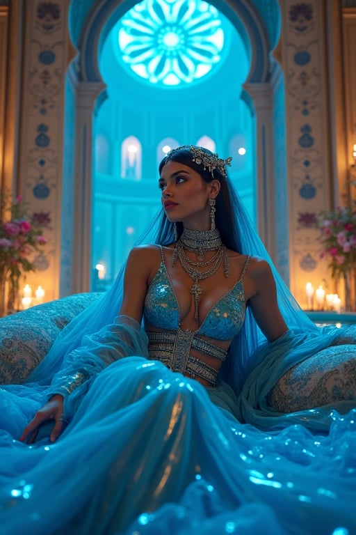 Within the ornate chambers of a futuristic harem,  a resplendent queen sits regally,  draped in luminous silks and blues t...