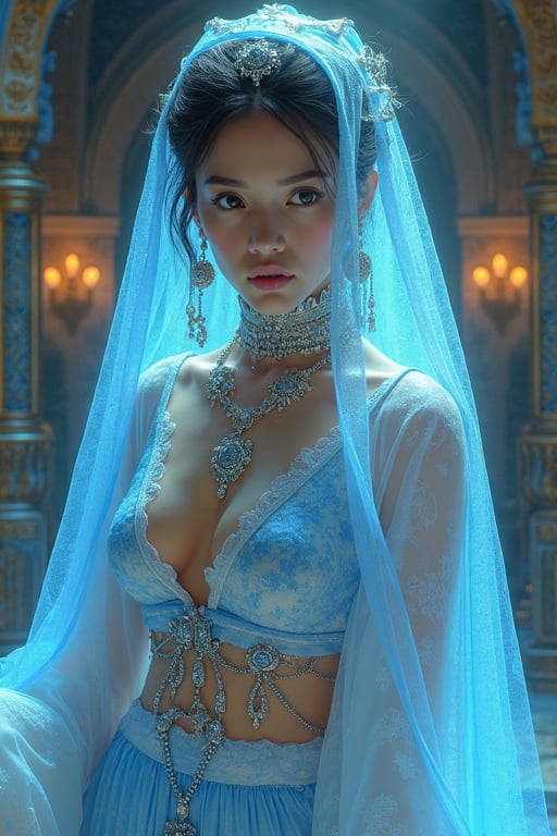 A 19th-century oil painting style depicting an oriental extremely beautiful queen of the harem woman in white and blue rev...