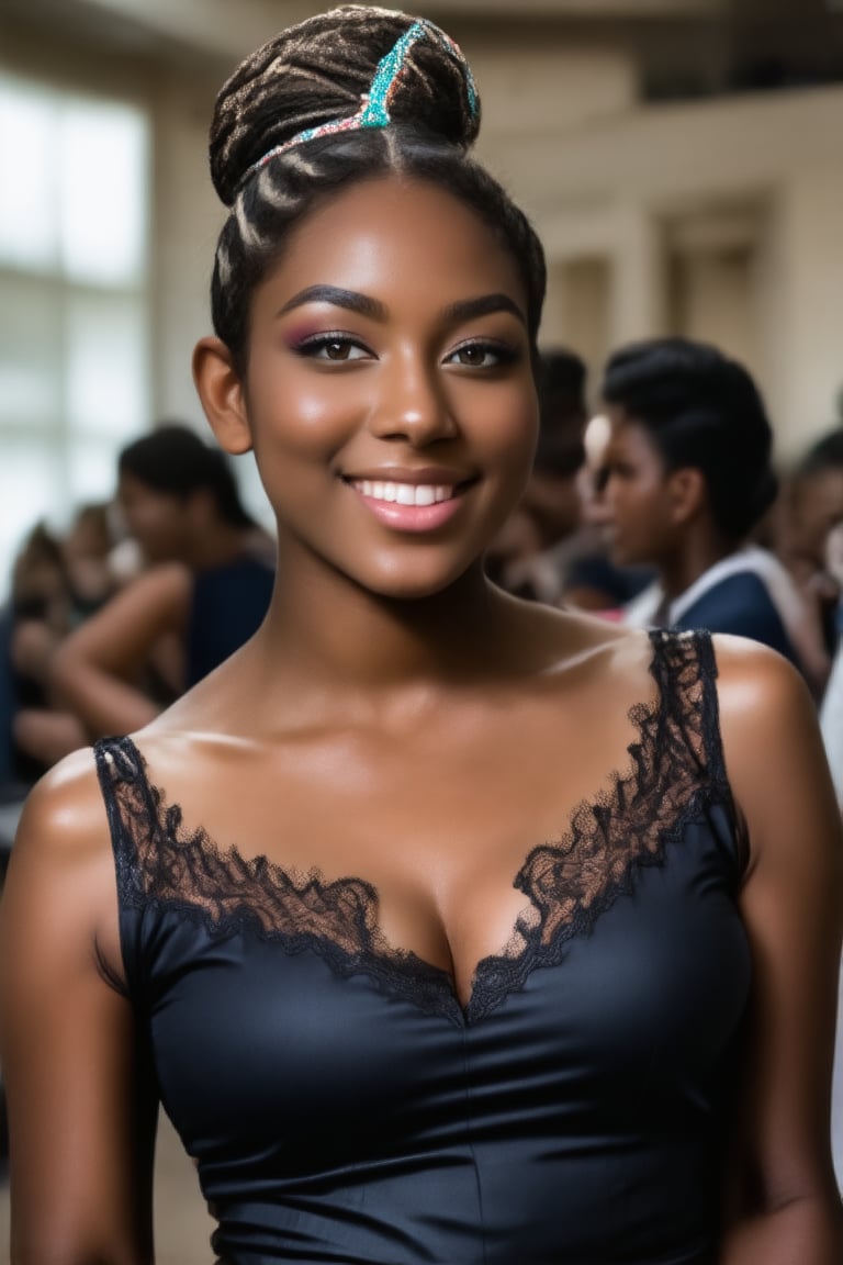 The image is a (((full body portrait))) of a young black woman, 18 years old, with striking features. She has s dark skin, high cheekbones, and a warm, inviting smile that reveals pearly white teeth. Her bright brown eyes are the centerpiece of the image, giving a sense of depth and vitality. Her  hair is styled in a casual manner with some strands elegantly framing her face. She wears a black top with a hint of lace detail, suggesting a blend of comfort and sophistication. The lighting in the photo highlights her facial features and complements her complexion, adding to the overall allure and friendly aura of the image.



 
she radiates warmth and love, her smile spreading across her face as if inviting the viewer in. Her sparkling eyes, detailed with intricate nuances, seem to hold a thousand stories within them, drawing the eye upwards towards their radiant depths.,18 years old,(((photorealism:1.4))),African Queen