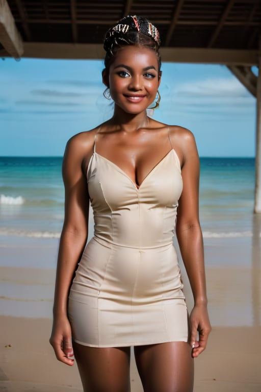 A photorealistic portrait of an African Queen standing directly in front of the viewer, filling the frame with her serene presence. She is dressed in a flowing white sundress that gently sways in the breeze, accentuating her natural grace. She stands barefoot on a sandy beach, the ocean waves visible in the background. A warm, loving smile spreads across her face, drawing the eye upwards to meet her detailed, sparkling eyes that seem to hold a thousand stories within them. (((Photorealism:1.4))), African girl, 18 years old, Black girl, Beauty.