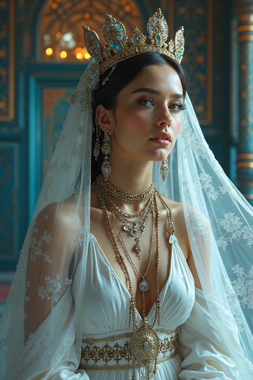A 19th-century oil painting style depicting an oriental extremely beautiful queen of the harem woman in white and blue rev...