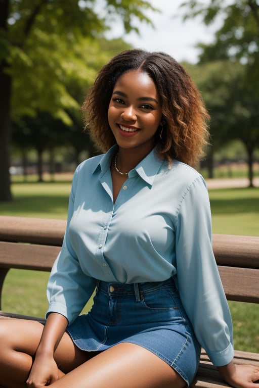 A photorealistic portrait of an African Queen sitting on a park bench, filling the frame with her serene presence. She is dressed in a tight denim skirt that showcases her curves, paired with a vibrant blue blouse tucked neatly into her waistline. She is reading a book, her body slightly angled to the side, one leg crossed over the other. The background shows a peaceful park with lush greenery. A warm, loving smile spreads across her face, drawing the eye upwards to meet her detailed, sparkling eyes that seem to hold a thousand stories within them. (((Photorealism:1.4))), African girl, 18 years old, Black girl, Beauty.