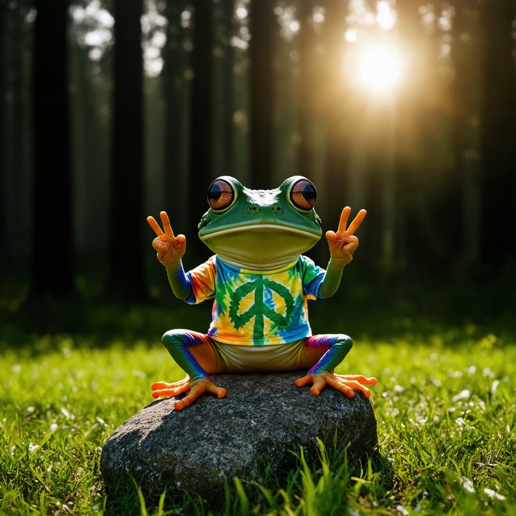 Hippy frog with a tie-die shirt and weed shorts, sitting on a rock yoga pose , peace sign, in a lush green field. Its eyes are large and round, foggy forest scene, with trees casting shadows across the ground. The sun, positioned in the upper right corner of the frame, casts a warm glow over the scene. zavy-cnmtc chiaroscuro
