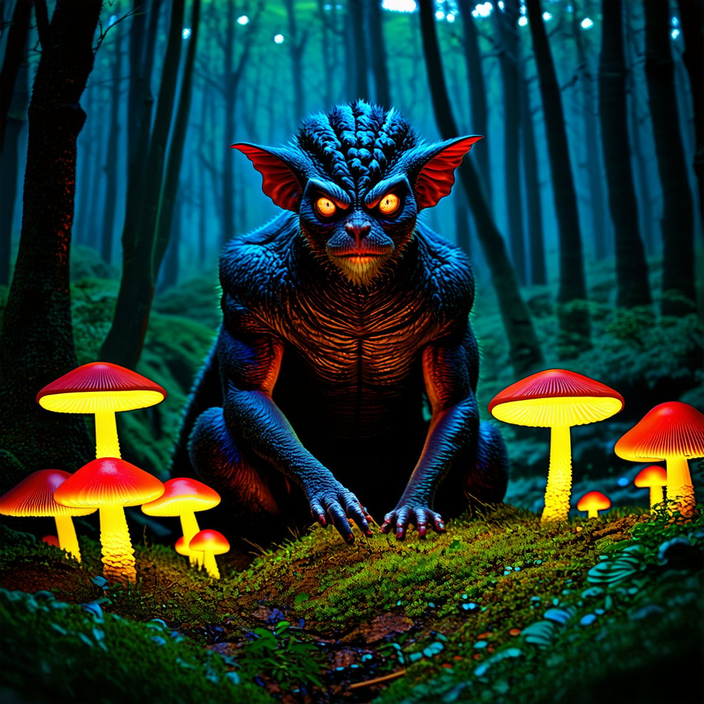 gothic horror style the image showcases a fantastical creature with elongated ears, prominent eyes, and a wrinkled skin texture. the creature appears to be in a forest setting, surrounded by glowing mushrooms that emit a soft light. the creature is gazing at the mushrooms with a contemplative expression. the background is dimly lit, creating an ethereal and mysterious ambiance. . eerie mansions, supernatural occurrences, high emotions, dark and moody atmospheres, 
