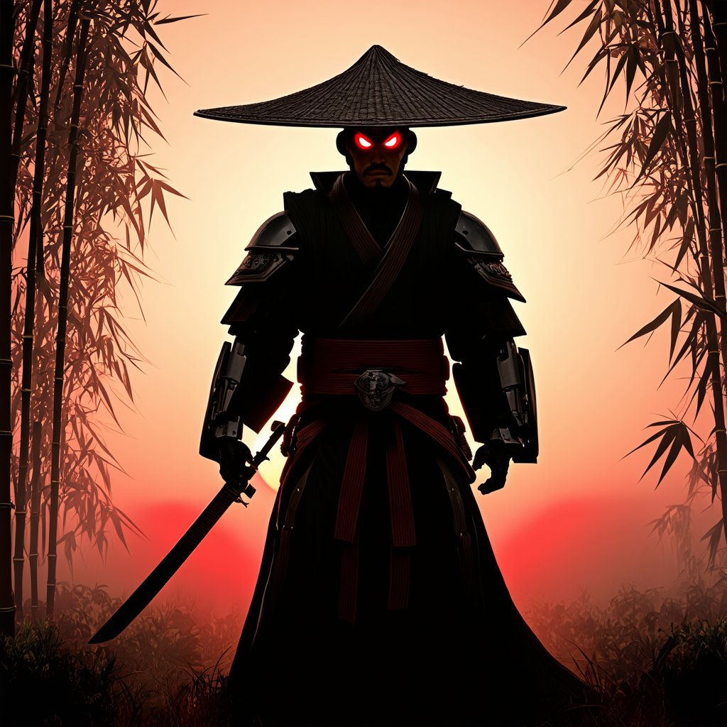 hyper detailed, 4k, masterpiece, samurai robot warrior, wearing large traditional straw hat, glowing red eyes, dark silhouette, detailed armor with technological elements, flowing tan and black robes, holding a katana, red sun setting in background, silhouette of bamboo plants, smoky misty environment
