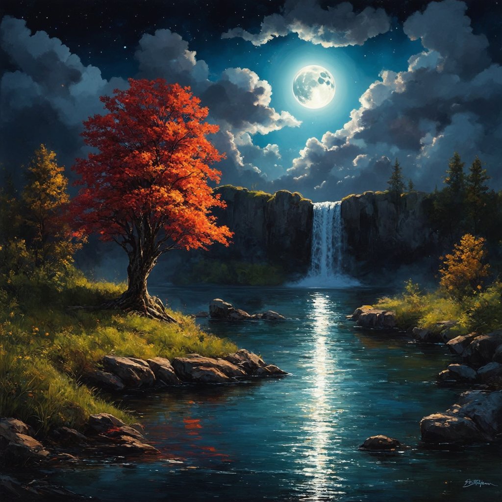Under the eerie glow of a full moon,  a dark and ominous landscape unfolds. A vibrant,  colorful tree stands by the edge o...