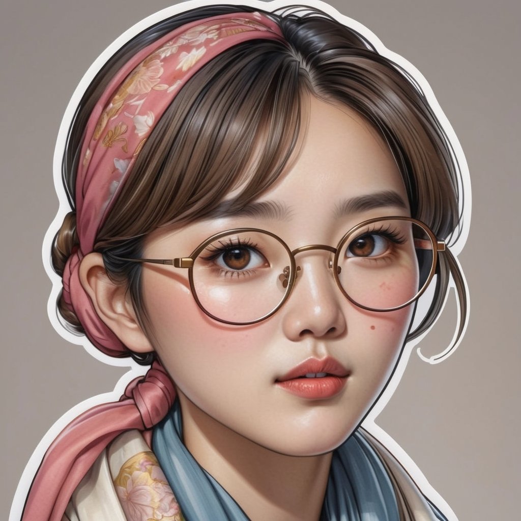 Sticker illustration of a South Korean woman. She wears a scarf, glasses, and a kerchief. Masterpiece. Highly detailed. Cluttered maximalism. High angle. Wide angle. art_booster. ,art_booster