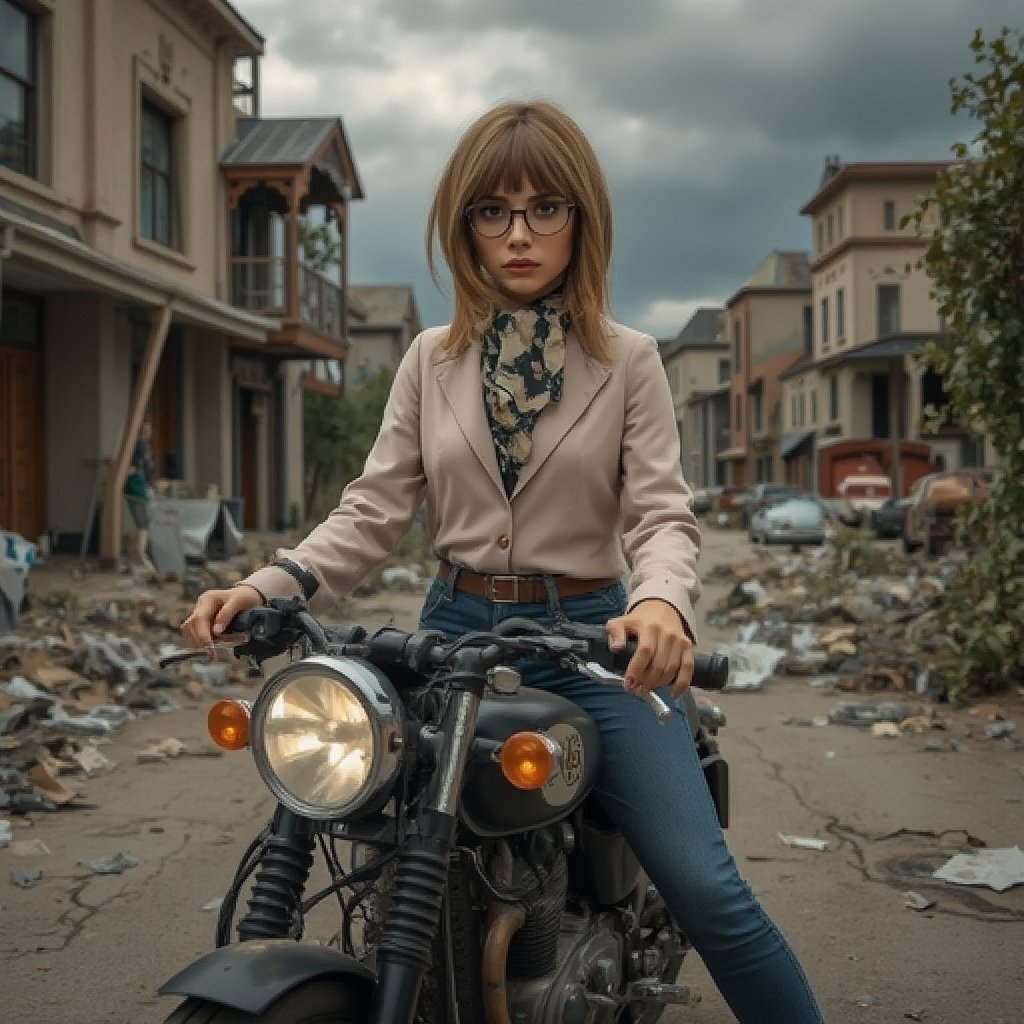 Photograph of a beautiful Paulina2. She is riding a Vincent Black Shadow motorcycle through a postapocalyptic scenery. An abandoned town, deserted buildings, wild foliage, cracks in the asphalt, rusty cars, scattered rubble, dust, and puddles of water. Dark clouds. She has a small face size, and a sharply defined jawline tapering to a pointed chin. Fair, unblemished skin smooth and clear and almost translucent. Lip color fades out toward the edge of the lips, creating a subtle, natural look. Natural makeup highlights flawless skin and creates the illusion of bigger eyes. A small pouch of skin under the eyes. Straight and thick eyebrows. Hair arranged in soft, wispy bangs that frame the face gently. She wears a scarf, glasses, and a kerchief. Masterpiece. Highly detailed. Cluttered maximalism. High angle. Wide angle. Highly detailed. 64k, Ultra dynamic range. Paulina2. HDR. UDR. 64k.