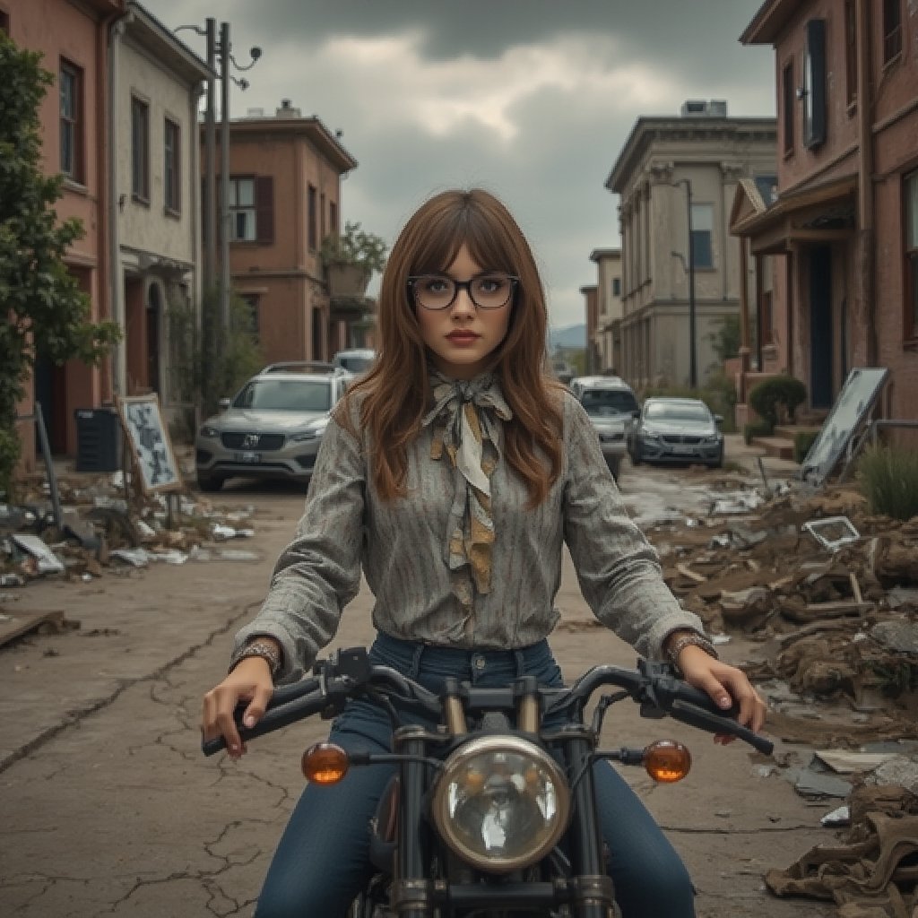 Photograph of a beautiful Paulina2. She is riding a Vincent Black Shadow motorcycle through a postapocalyptic scenery. An abandoned town, deserted buildings, wild foliage, cracks in the asphalt, rusty cars, scattered rubble, dust, and puddles of water. Dark clouds. She has a small face size, and a sharply defined jawline tapering to a pointed chin. Fair, unblemished skin smooth and clear and almost translucent. Lip color fades out toward the edge of the lips, creating a subtle, natural look. Natural makeup highlights flawless skin and creates the illusion of bigger eyes. A small pouch of skin under the eyes. Straight and thick eyebrows. Hair arranged in soft, wispy bangs that frame the face gently. She wears a scarf, glasses, and a kerchief. Masterpiece. Highly detailed. Cluttered maximalism. High angle. Wide angle. Highly detailed. 64k, Ultra dynamic range. Paulina2. HDR. UDR. 64k.