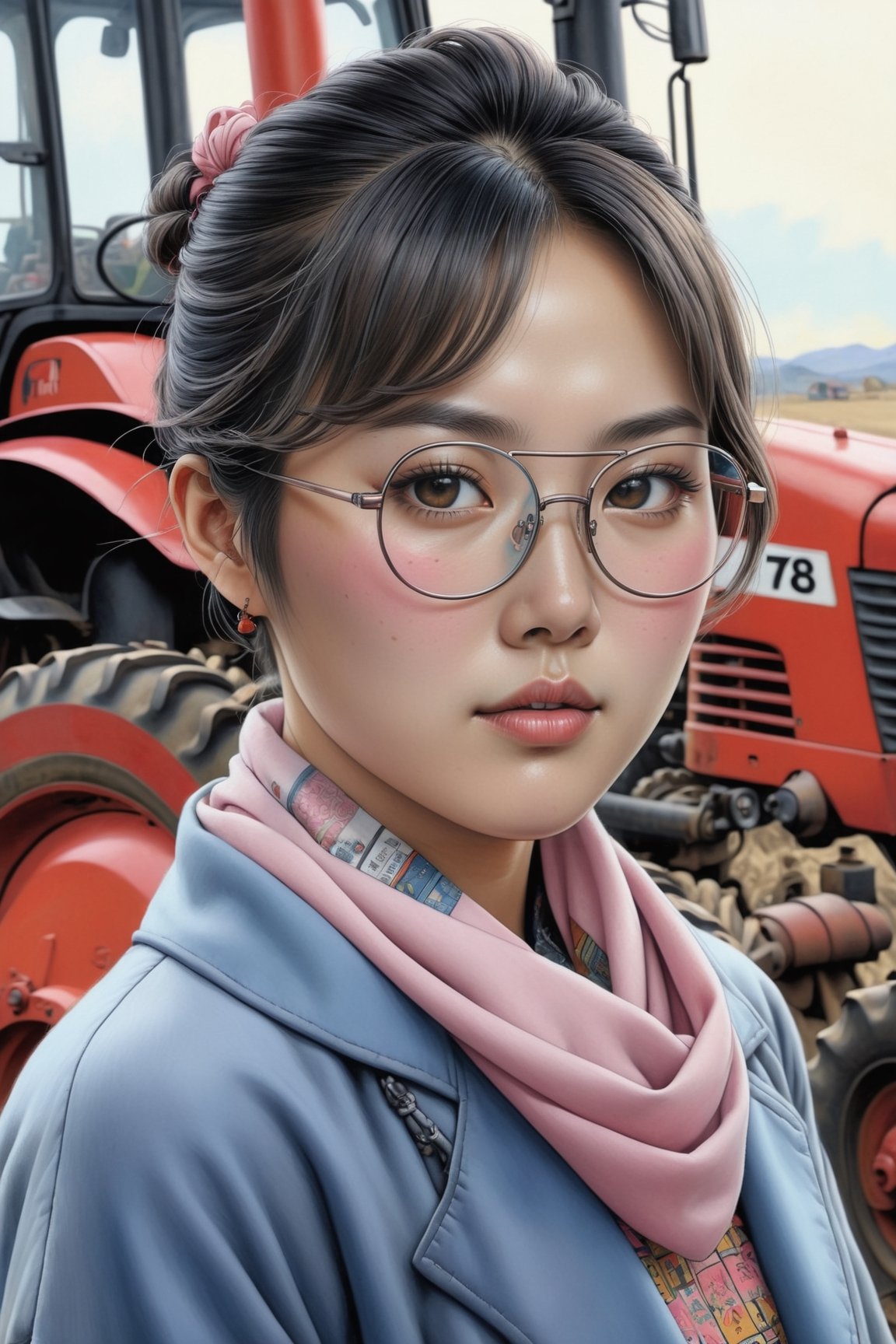 Pastel drawing of a Korean woman standing next to a T78 TYM tractor.  She wears a neckerchief, glasses, and a hair scarf. She is wearing a warm mini dress and black tights. Masterpiece. Highly detailed. Cluttered maximalism. High angle. art_booster. 