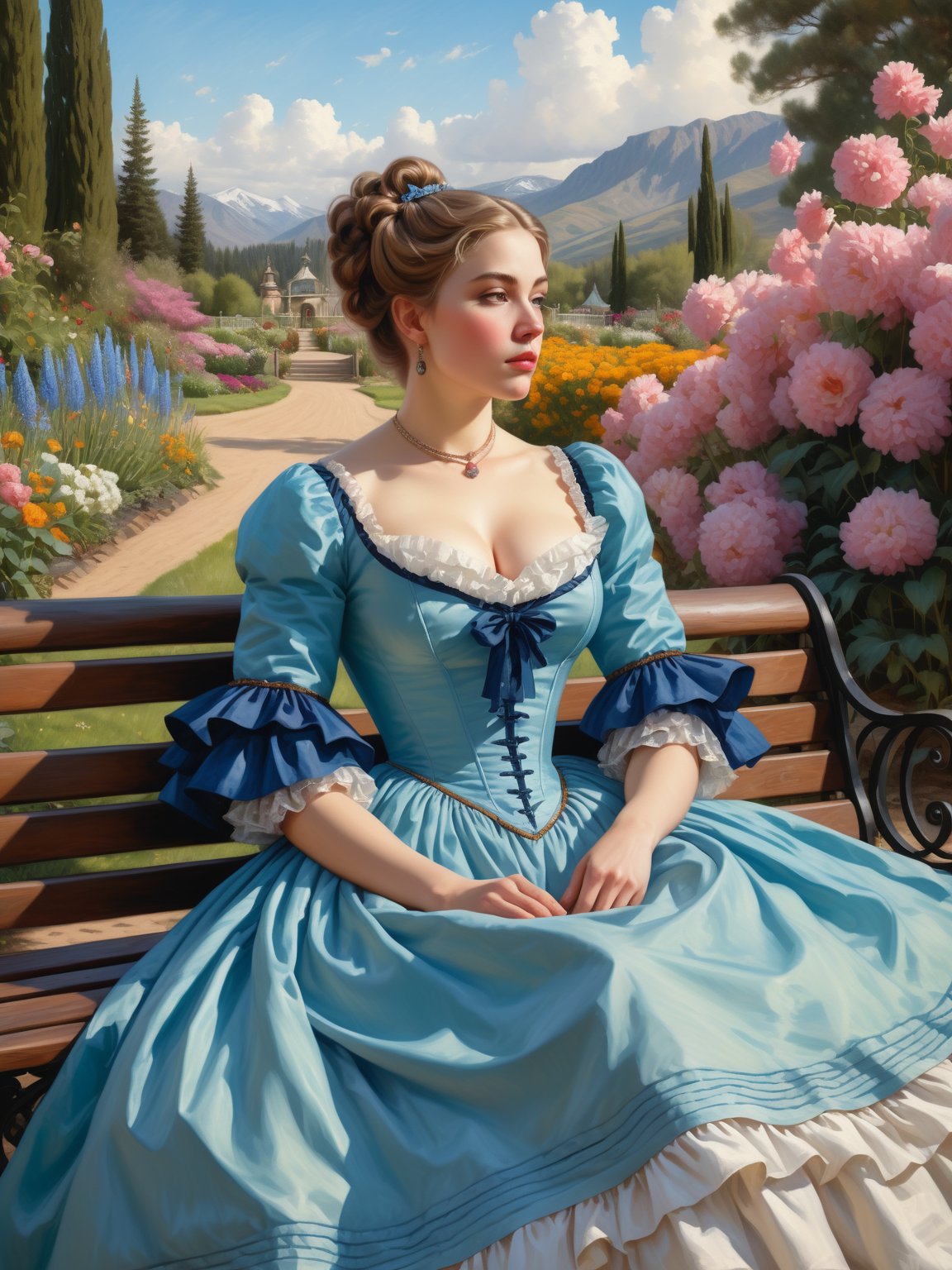 Painting of a noblewoman in an 1880 crinoline dress sits on a bench in the garden. 18" waist. Sense of awe-inspiring grand...