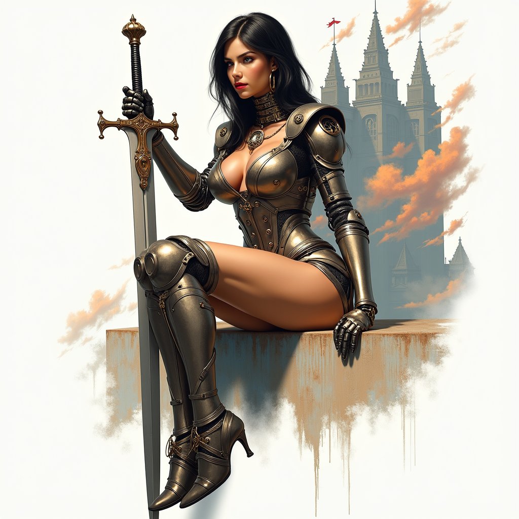 A masterpiece of Mannerist artistry, this painting captures the essence of a dazzling (Asian woman:0.5), resplendent in her stainless steel steampunk exoskeleton equipped with knobs, meters, and vacuum lamps. Set against the majestic backdrop of a medieval cathedral, she sits poised with a grand two-handed sword, its intricate details gleaming in the high-angle lighting. Medieval banners are suspended behind her like wispy clouds, while the chiaroscuro technique casts an aura of mystique around her figure, as if bathed in the warm glow of a neon lamp. Achieve a unique visual style with elements of hyperrealism, eroticism, and science fiction. Extreme level of detail and realism, high-quality rendering of surfaces like metal and skin, reflective surfaces, such as chrome and polished metal, and seamless gradients. Futuristic settings and themes inspired by classic pin-up art, fantasy, and fetishism, moods of enslavement and domination. Highly detailed.