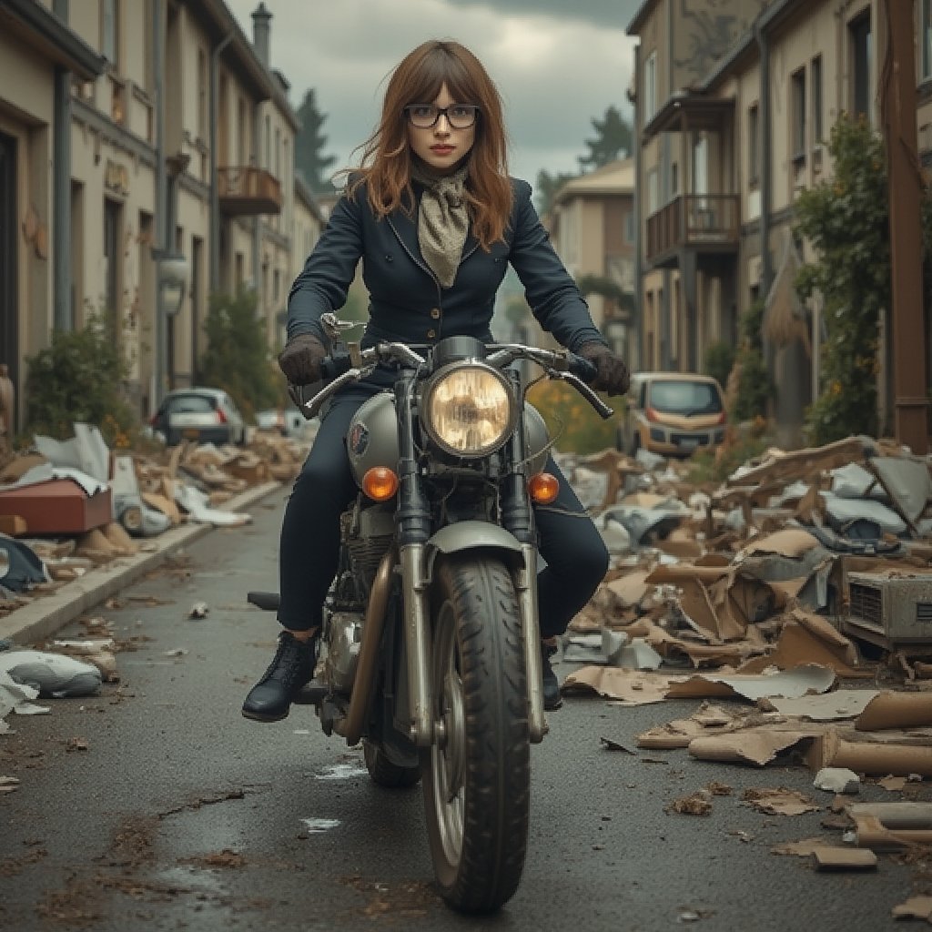 Photograph of a beautiful Paulina2. She is riding a Vincent Black Shadow motorcycle through a postapocalyptic scenery. An abandoned town, deserted buildings, wild foliage, cracks in the asphalt, rusty cars, scattered rubble, dust, and puddles of water. Dark clouds. She has a small face size, and a sharply defined jawline tapering to a pointed chin. Fair, unblemished skin smooth and clear and almost translucent. Lip color fades out toward the edge of the lips, creating a subtle, natural look. Natural makeup highlights flawless skin and creates the illusion of bigger eyes. A small pouch of skin under the eyes. Straight and thick eyebrows. Hair arranged in soft, wispy bangs that frame the face gently. She wears a scarf, glasses, and a kerchief. Masterpiece. Highly detailed. Cluttered maximalism. High angle. Wide angle. Highly detailed. 64k, Ultra dynamic range. Paulina2. HDR. UDR. 64k.