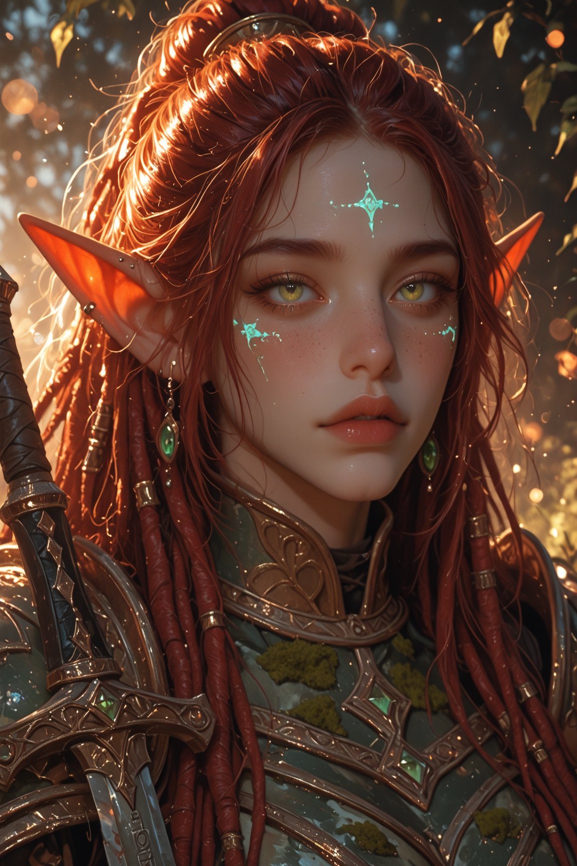Expressionist fine-art oil painting of a proud elf warrior woman in a three-quarter close-up portrait. Thick impasto brush...
