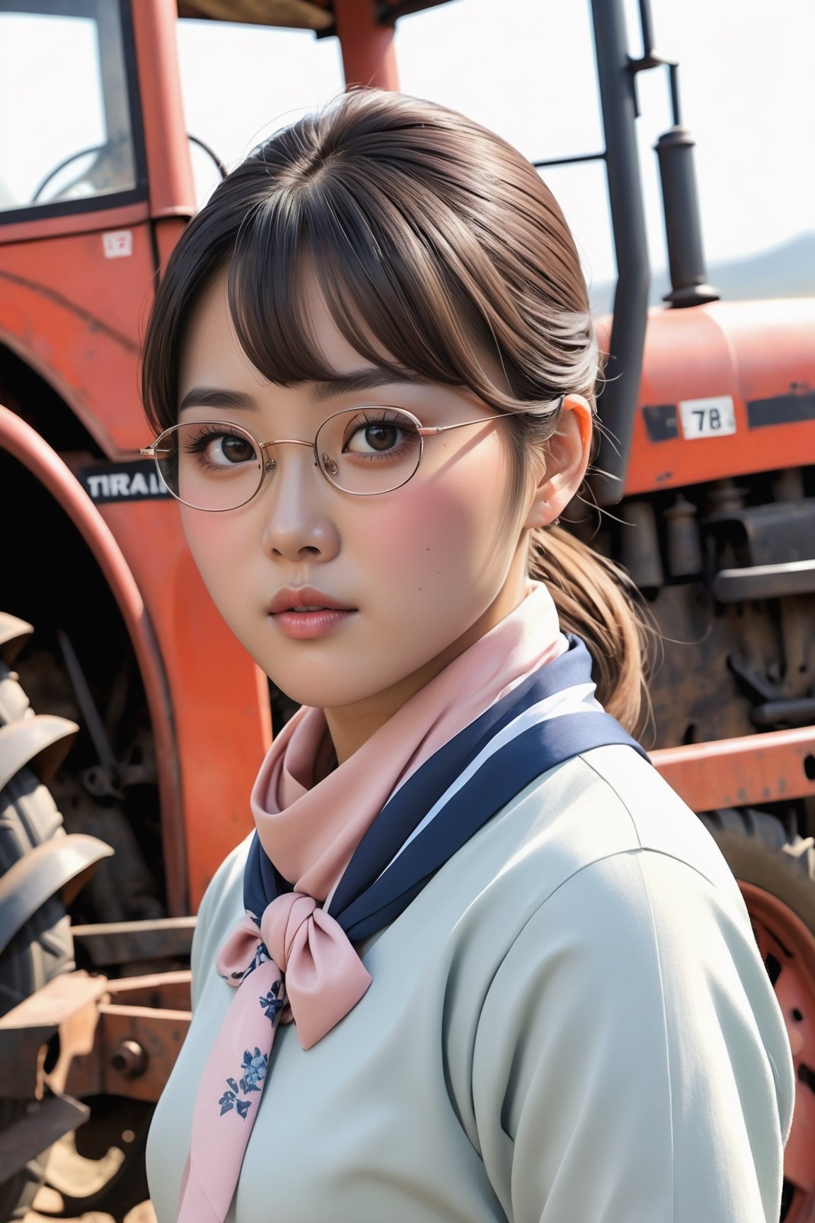 Pastel drawing of a Korean woman standing next to a T78 TYM tractor. Small face size, sharply defined jawline tapering to a pointed chin. Fair, unblemished skin so smooth and clear that it appears almost translucent. Lips are darker and more pigmented in the center, gradually fading out towards the edges. Natural makeup highlights flawless skin and creates the illusion of bigger eyes. A small pouch of skin under the eyes. Straight and thick eyebrows. Hair arranged in soft, wispy bangs that frame the face gently. She wears a neckerchief, glasses, and a hair scarf. She is wearing a warm mini dress and black tights. Masterpiece. Highly detailed. Cluttered maximalism. High angle. art_booster. 