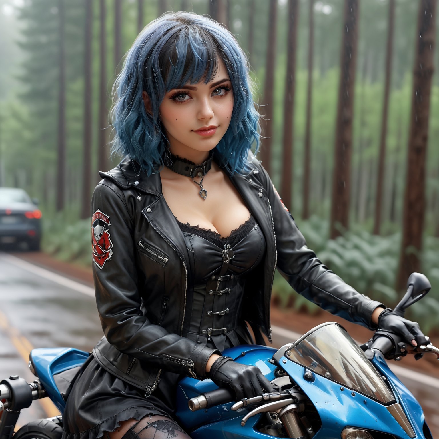 Hyperrealistic vision of a female witch wearing Gothic Lolita dress, blue scarf and black tights. Half smile. She is sitting on Ducati Panigale V4 motorcycle. Forest in the background. Rain. Close up. High angle. High-resolution details, digital artwork, illustrative, painterly, matte painting, highly detailed. Cluttered maximalism, rebela