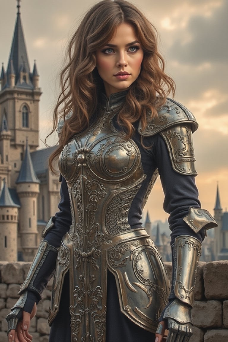 An ink style painting of a slender female figure in a rave fashion style armor ensemble standing on castle battlements. She has long, wavy hair elaborately styled, and her makeup is dramatic with bold eyes. The figure stands confidently, with a slight turn to her posture, showcasing the complexity of her armor. The lighting is carefully placed to enhance the reflective qualities of the metal and the shadows created by the detailed filigree. Paulina2. Womancore. Highly detailed. 64k, Ultra dynamic range. 
