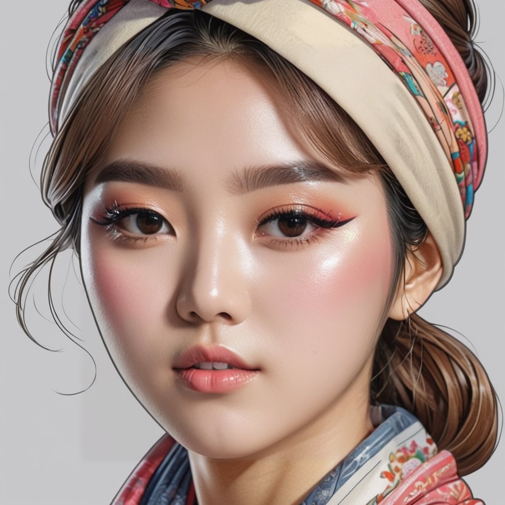 Sticker illustration of a South Korean woman. She wears a scarf, glasses, and a kerchief. Masterpiece. Highly detailed. Cluttered maximalism. High angle. Wide angle. art_booster. ,art_booster