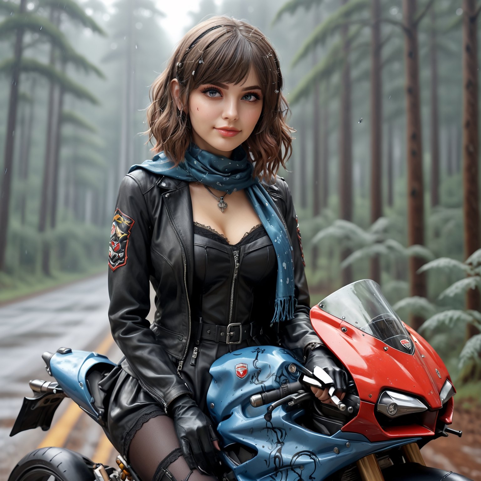 Hyperrealistic vision of a female witch wearing Gothic Lolita dress, blue scarf and black tights. Half smile. She is sitting on Ducati Panigale V4 motorcycle. Forest in the background. Rain. Close up. High angle. High-resolution details, digital artwork, illustrative, painterly, matte painting, highly detailed. Cluttered maximalism, rebela