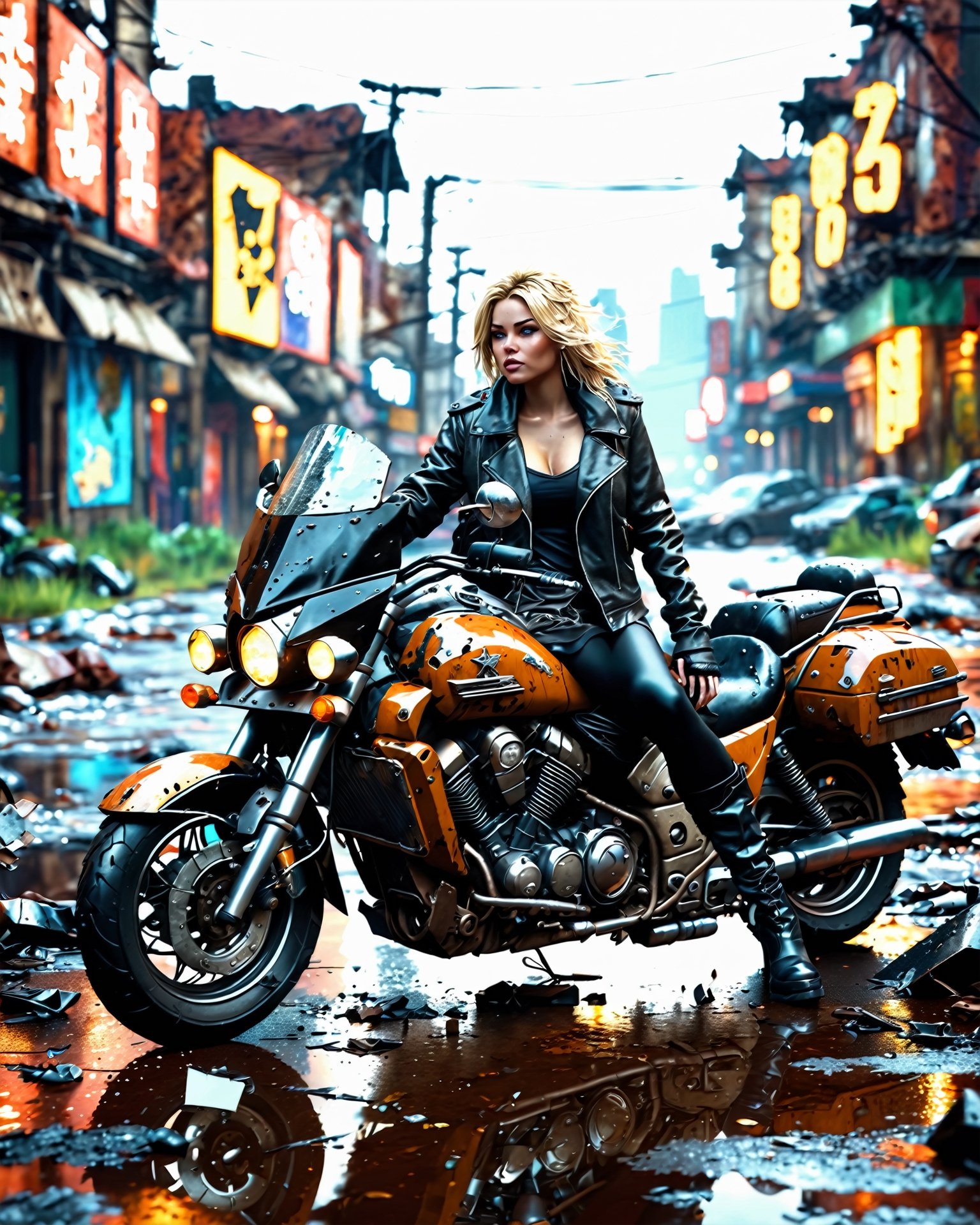 An artistic vision of a female adventurer surveying a destroyed city. She is wearing a warm outfit with a closely fitted j...