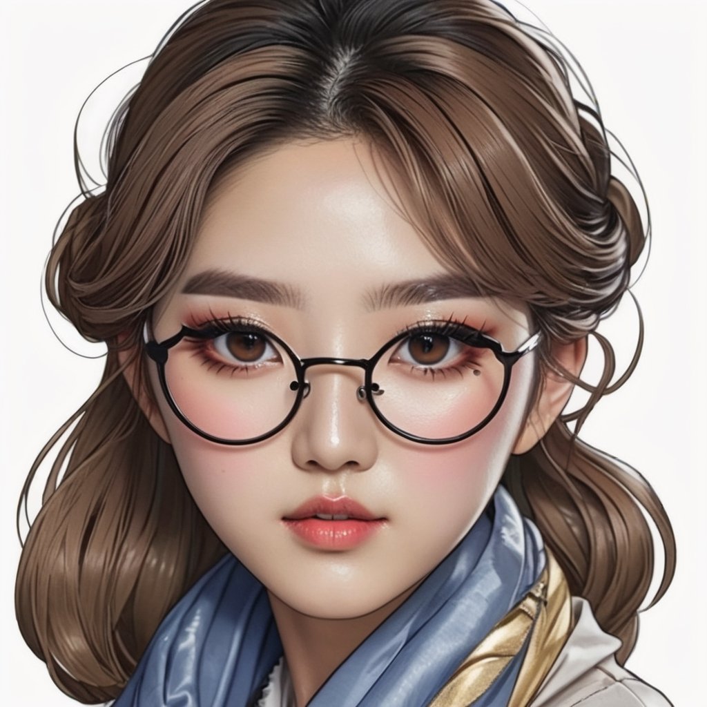 Sticker illustration of a South Korean woman. She wears a scarf, glasses, and a kerchief. Masterpiece. Highly detailed. Cluttered maximalism. High angle. Wide angle. art_booster. ,art_booster