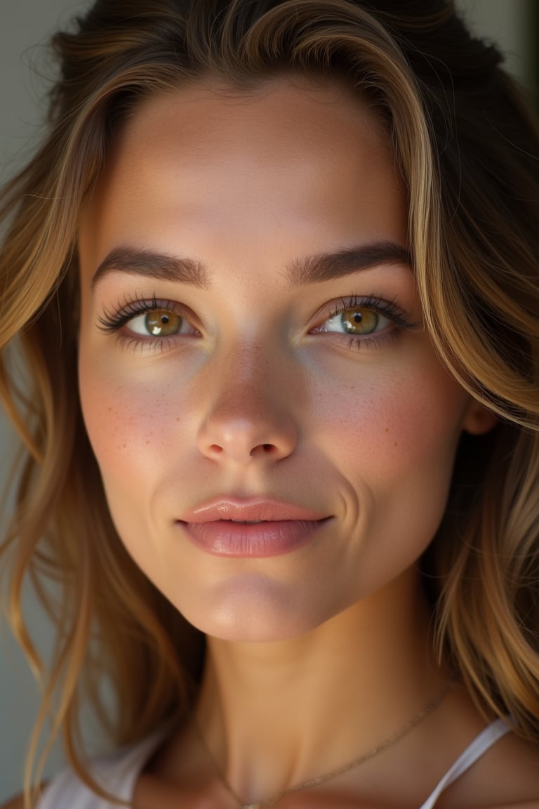 Glamour photograph of a 28 yo West Slavic woman, with warm eyes, glossy skin, and natural makeup. The skin pores and skin texture are clearly visible and in focus.