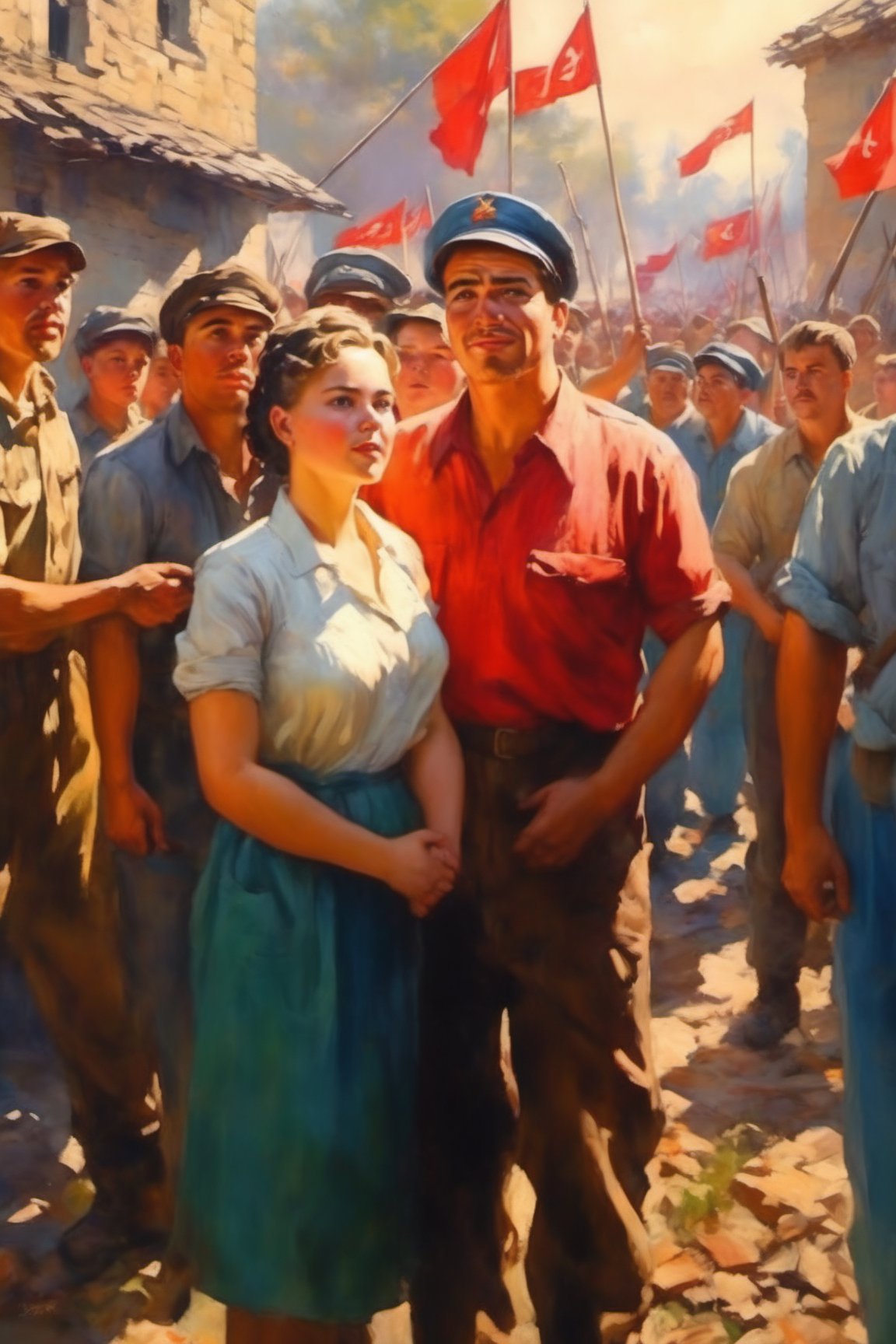 Painting in the style of socialist realism. A collective farm woman and male factory worker standing among the crowd durin...