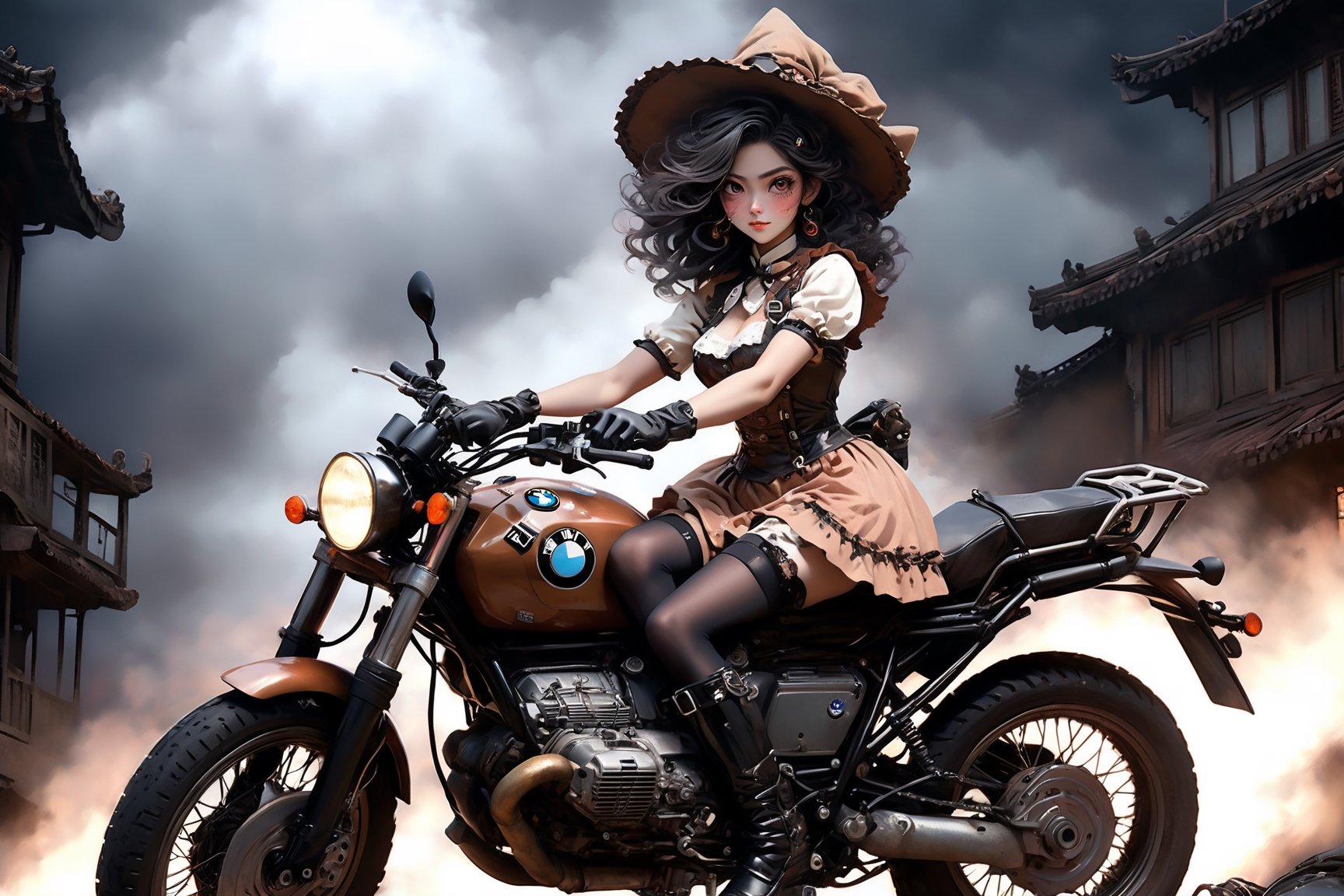 Hyperrealistic vision of an alluring and hot witch dressed in Wa Lolita attire riding on her BMW R80GS motorcycle. Black tights. Knee pads. Gloves. Half smile. Disheveled hair. Cluttered maximalism. Low-key lighting. High angle. Haunting atmosphere.  High-resolution details, realism pushed to extreme, fine texture, incredibly lifelike. ani_booster,real_booster,photo_b00ster,gugong