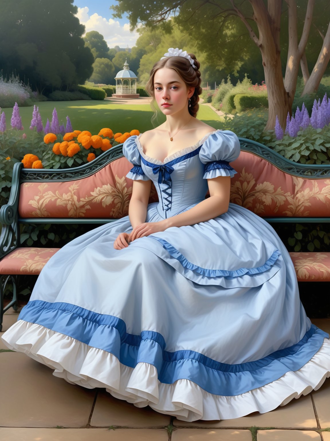 Painting of a noblewoman in an 1880 crinoline dress sits on a bench in the garden. 18" waist. Sense of awe-inspiring grand...