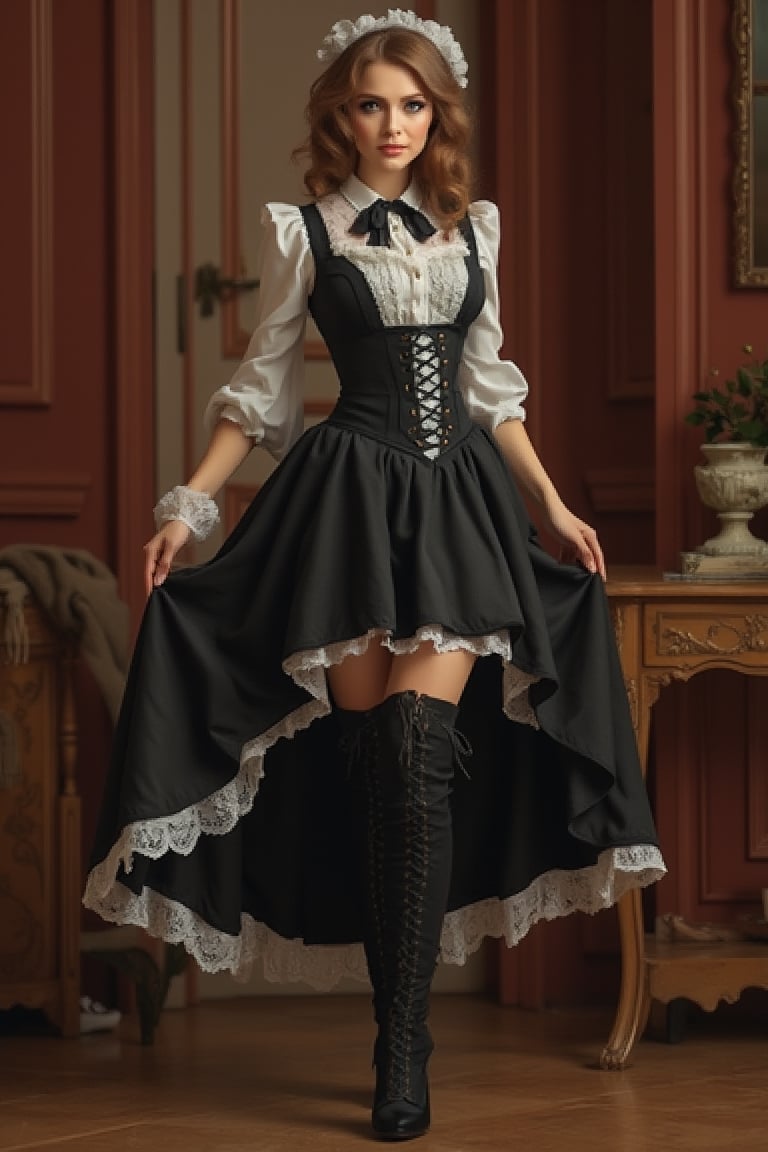 A portrait in coquette style of a female figure in a black-and-white maid outfit. She wears a black corset with white trimming, a lace-up front, and a white puffy-sleeved blouse, along with a long skirt accented with white lace. Her thigh-high black boots, featuring lace-up fronts and high heels, add a touch of sophistication. Her light brown hair is styled in an elegant updo, with delicate curls framing her face, complemented by a white lace headpiece. Her pose is dynamic, one hand extended as if presenting an object, while the other gently lifts her skirt. With a serene expression and soft gaze, she stands in a warm, inviting room with polished wood floors and paneled walls. Gentle, even lighting highlights the intricate textures and fine details of her attire. Highly detailed. 64k, Ultra dynamic range. HDR. UDR. 64k. Paulina2