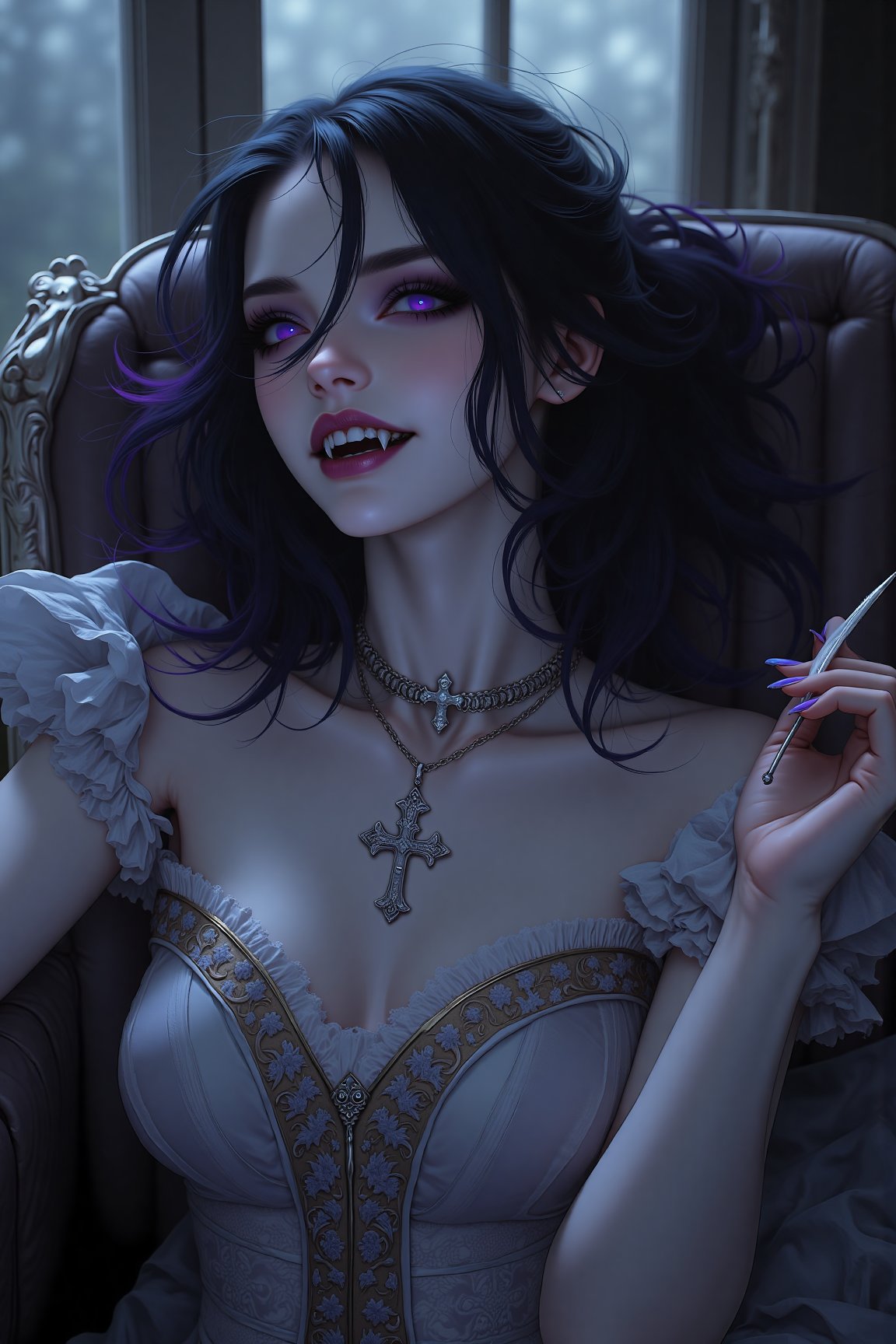 Award-winning photorealistic illustration. In a boudoir lit by silver moon light coming through the window thin female Jap...