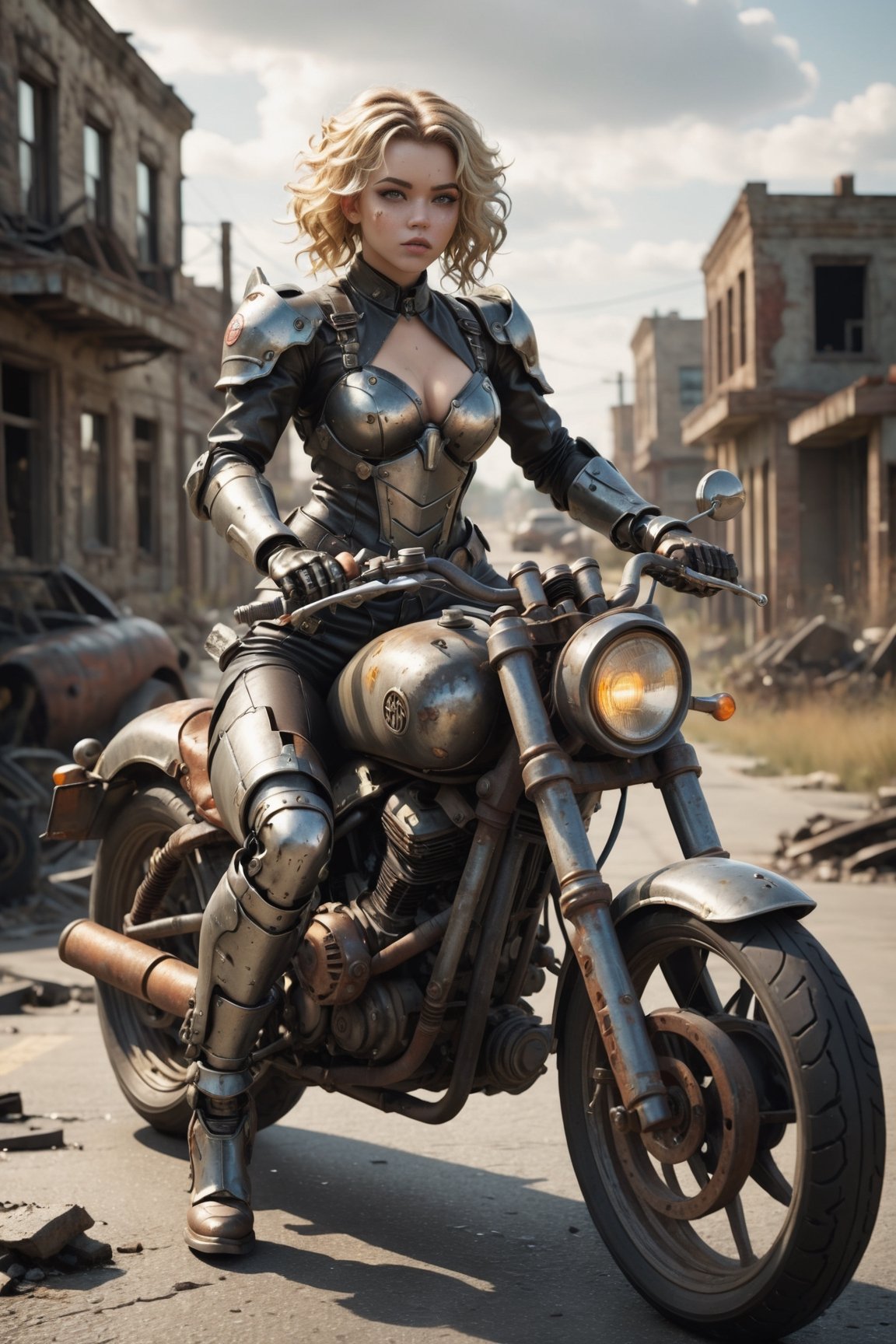 Fallout style. Mecha-girl is riding a rusty Vincent Black Shadow motorcycle. Fierce and confident expression,  suggestive...
