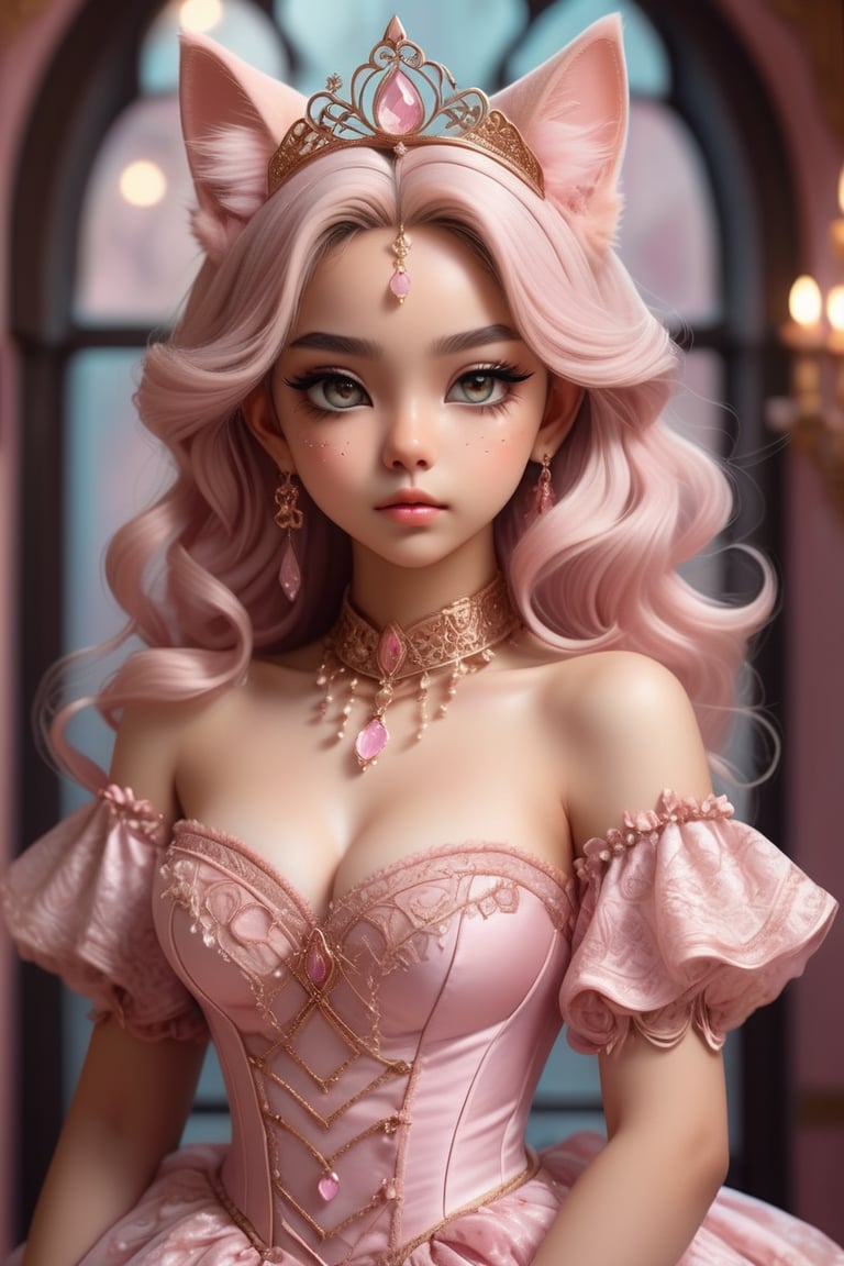 Digital art style, psychedelic, abstract, muted colors portrait of an Anime-style cat-girl princess in Middle Eastern-inspired pink Lolita fashion. Ornate rose-gold tiara with cat ears. Flowing pink gown with intricate arabesque patterns, layers of tulle and lace. Puffy sleeves, corset-style bodice. Long, wavy pastel hair. Large, expressive eyes. Delicate whisker marks on cheeks. Holding jeweled scepter. Opulent palace backdrop with arched windows, silk curtains. Soft, dreamy lighting. Blend of kawaii, royal, and Arabian Nights aesthetics