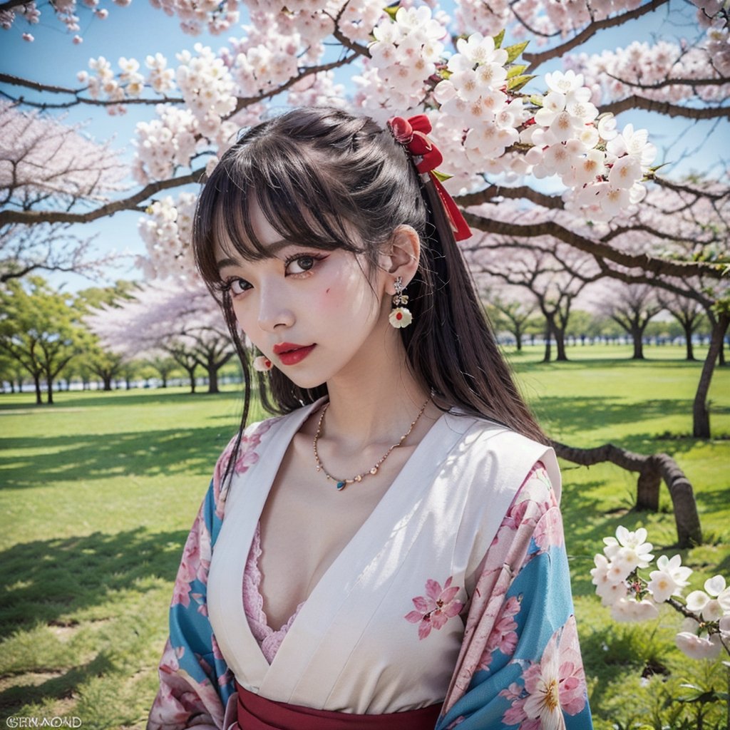 solo, white skin, round_face, Japanese girl, two-tone-hair, rainbow hair, Odd_Eye, glowing_pupils, rouge, lipstick, eyeshadow, eyeliner, mascara, aroused_face, kimono, geisha , ear_rings, necklace, hanabi,cherry_blossom_background,sunflower_background,realhands