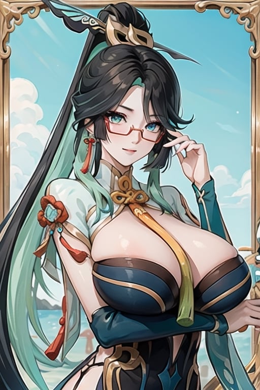 xianyun_genshin, long hair, multicolored hair, black hair, green hair, two-tone hair, glasses, colored inner hair, red-framed eyewear, breasts, hair ornament, very long hair, semi-rimless eyewear, aqua eyes, large breasts, tassel, earrings, tassel earrings, aqua hair, happy_face, big_boobies

