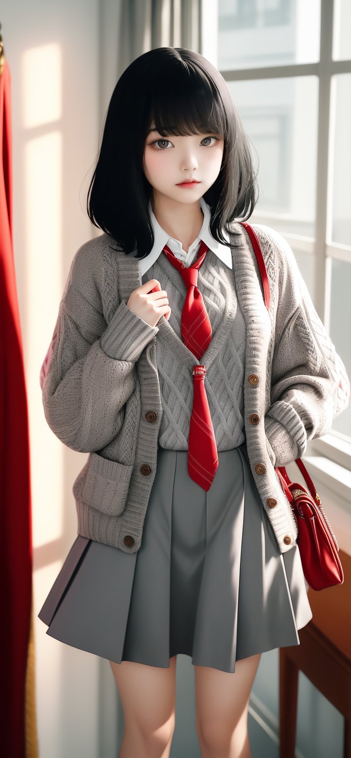 1girl,black-hair,(blunt_bangs),18 years old,school_uniform,knit cardigan,gray skirt,red tie,loose socks,